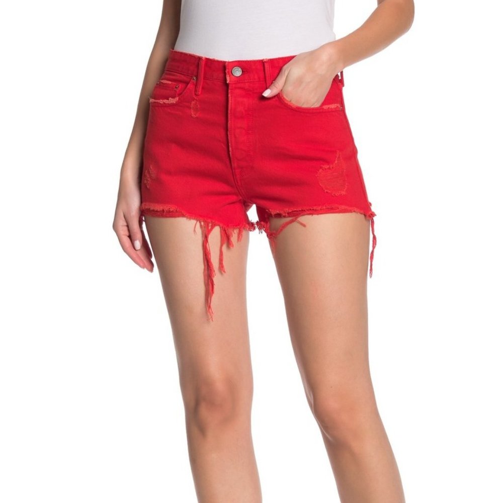 GRLFRND Cindy Raw Hem Distress Red Shorts - Picture 1 of 3